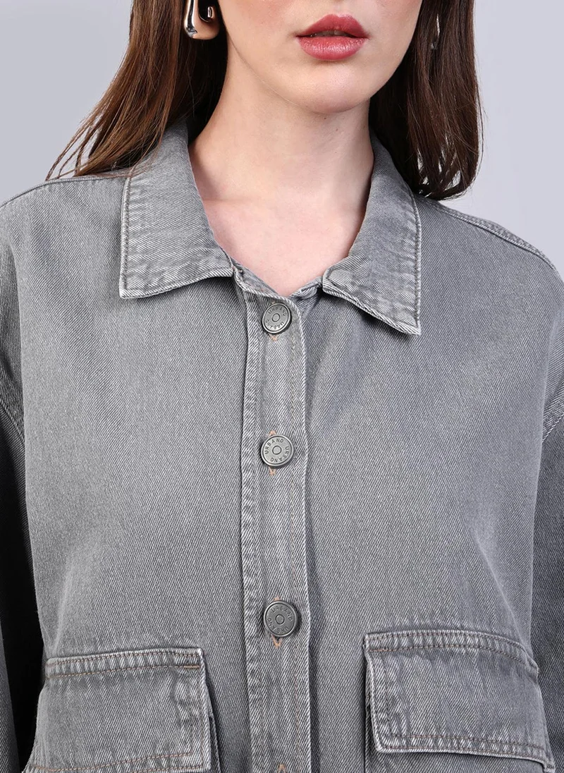 Urbano Fashion  Urbano Fashion Women's Ice Grey Relaxed Fit Full Sleeve Utility Denim Jacket for Women | Best Price UAE